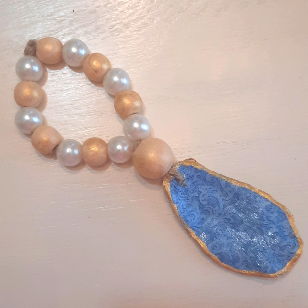 Floral Blue &  Gold Decoupage Oyster Shell Beaded Accents #958